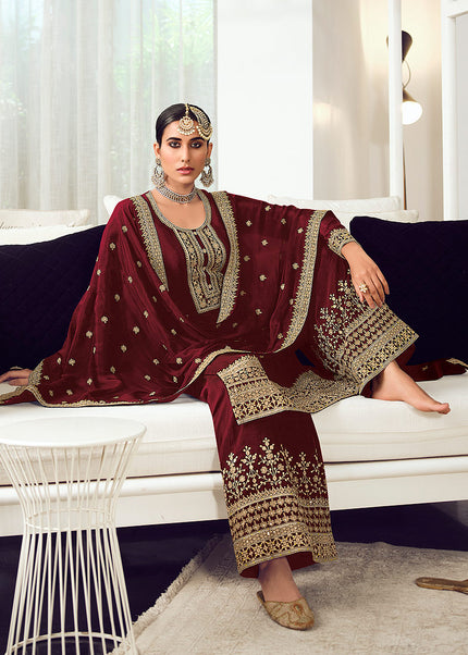 Maroon and Gold Embroidered Palazzo Suit
