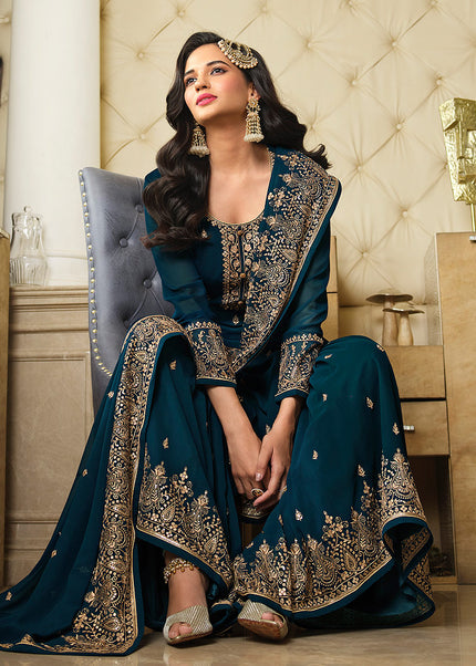 Teal and Gold Embroidered Gharara Suit