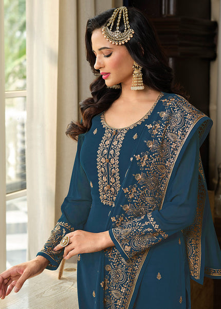 Light Blue and Gold Embroidered Gharara Suit