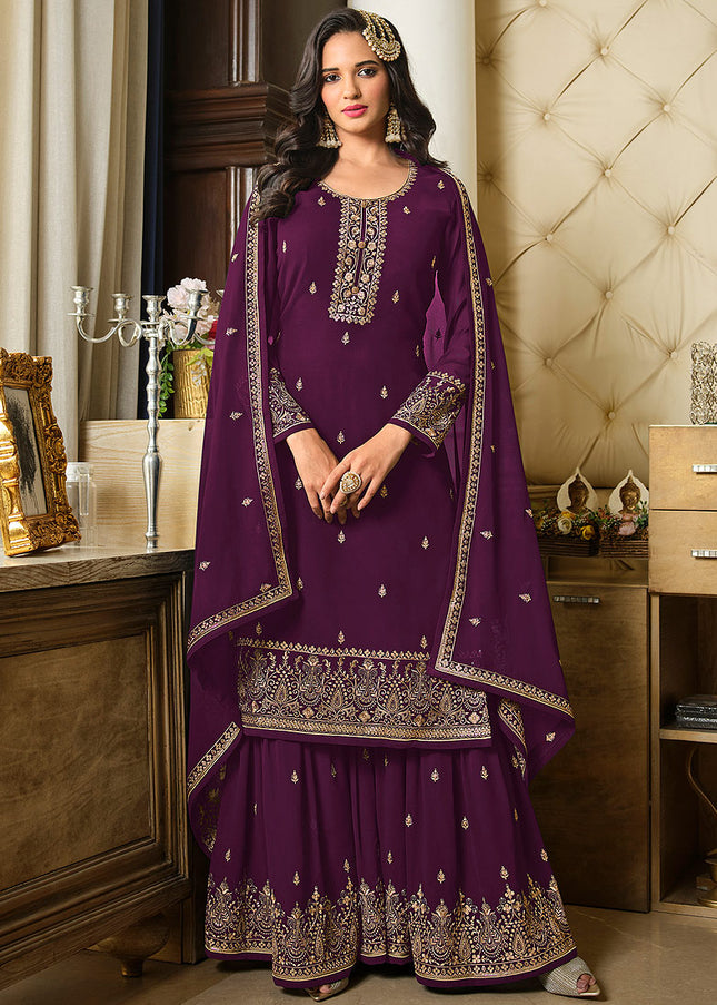 Purple and Gold Embroidered Gharara Suit