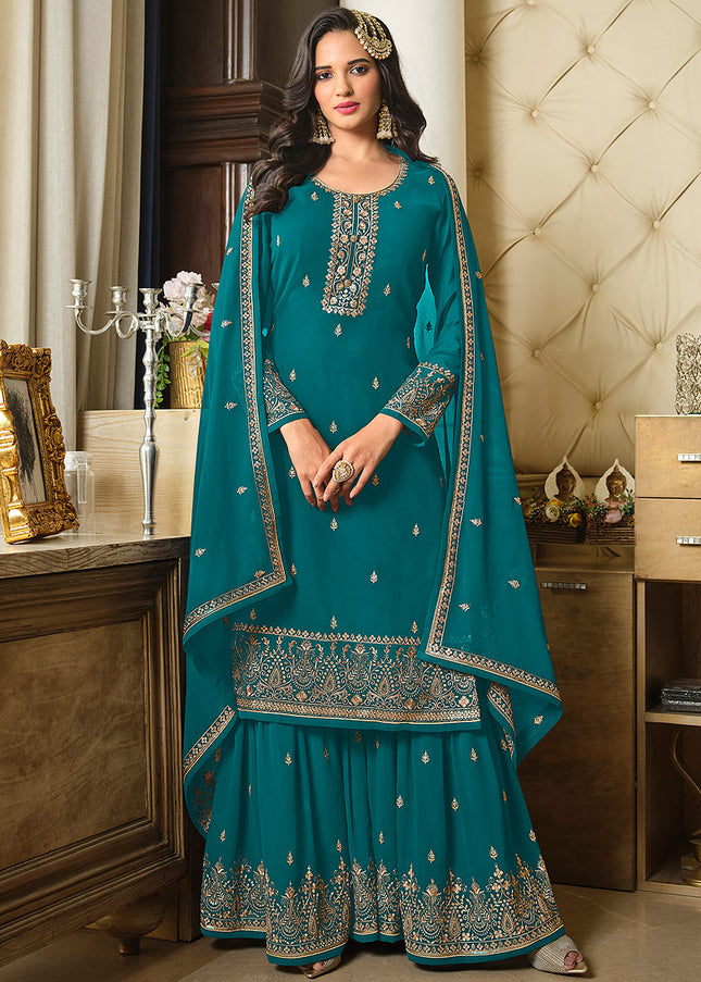 Aqua and Gold Embroidered Gharara Suit