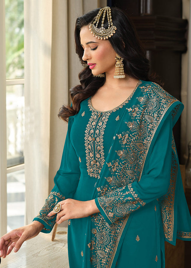 Aqua and Gold Embroidered Gharara Suit