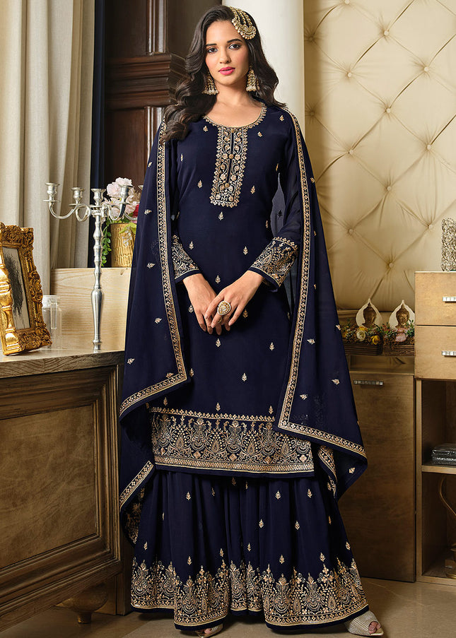 Blue and Gold Embroidered Gharara Suit