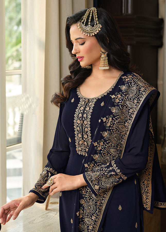 Blue and Gold Embroidered Gharara Suit