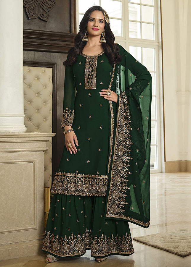 Green and Gold Embroidered Gharara Suit