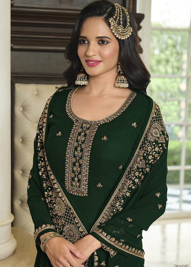 Green and Gold Embroidered Gharara Suit