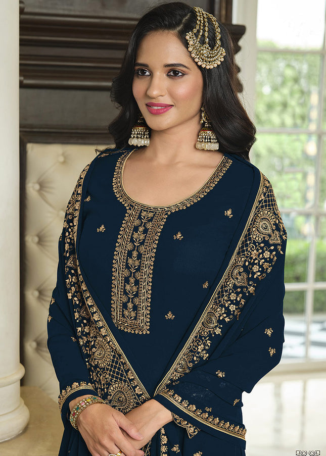 Blue and Gold Embroidered Gharara Suit