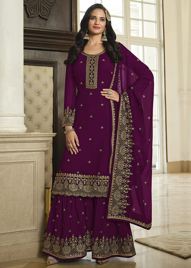 Magenta and Gold Embroidered Gharara Suit