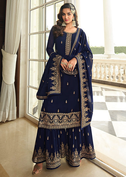 Blue and Gold Embroidered Gharara Suit