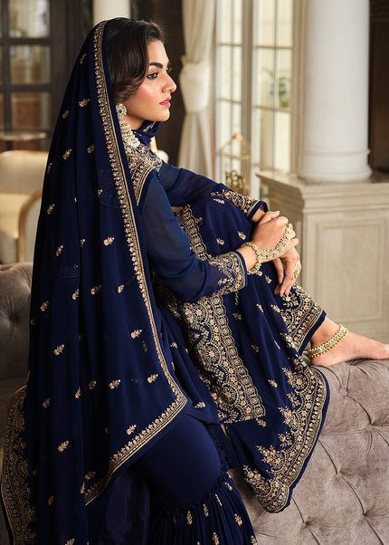 Blue and Gold Embroidered Gharara Suit