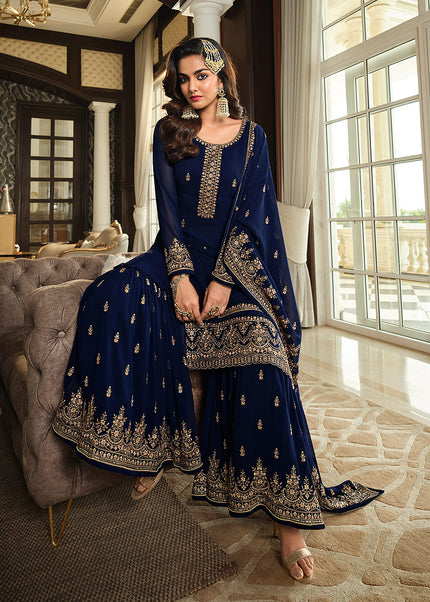 Blue and Gold Embroidered Gharara Suit