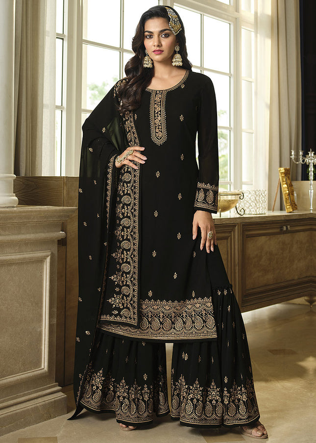 Black and Gold Embroidered Gharara Suit