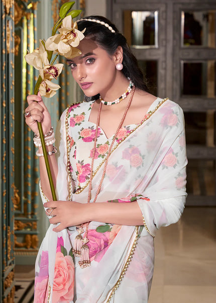 White Floral Printed Saree