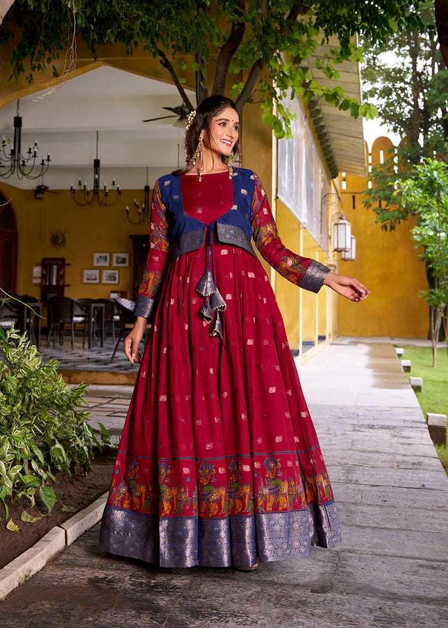 Maroon and Blue Printed and Embroidered Jacket Style Anarkali Gown
