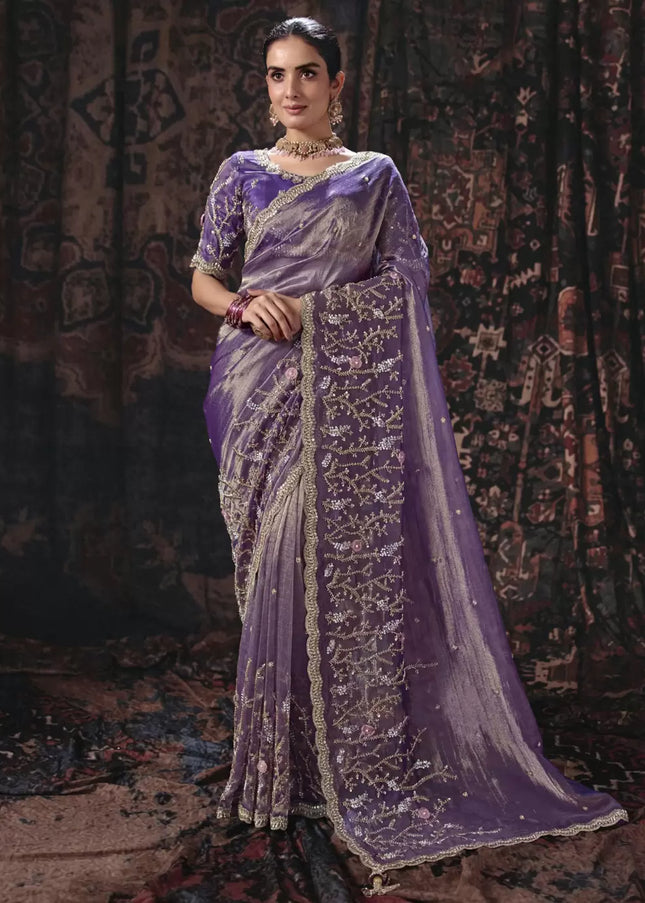 Purple Embroidered Wedding Saree