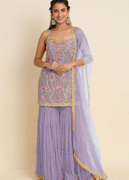 Purple Embroidered Gharara Suit