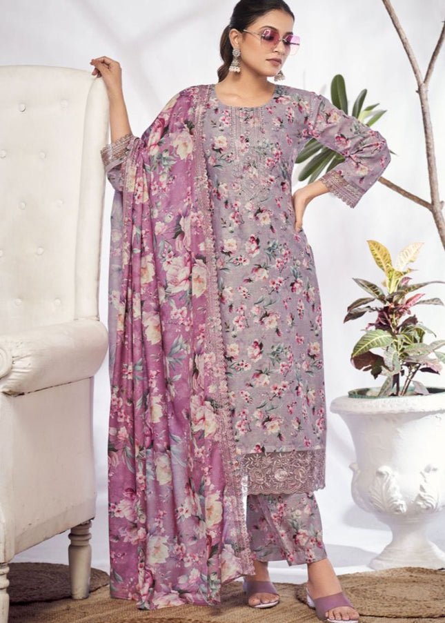 Lavender Floral Printed and Embroidered Pant Style Suit