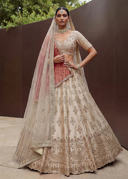 Cream Embroidered Lehenga Choli