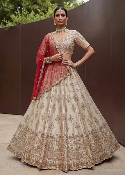 Cream Embroidered Lehenga Choli