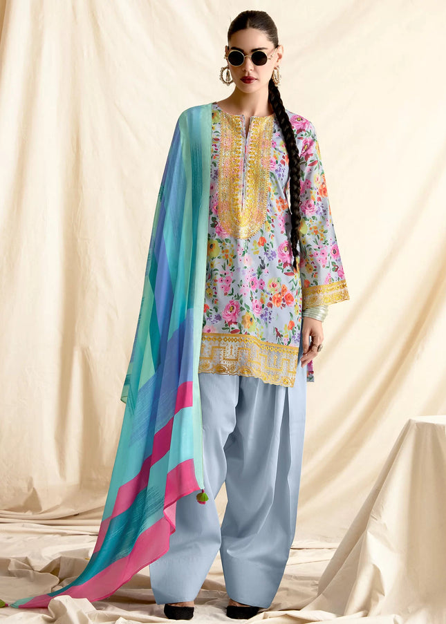 Sky Blue Printed and Embroidered Pant Syle Suit
