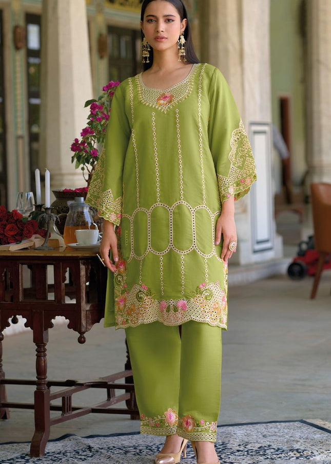 Green Embroidered Pant Style Suit