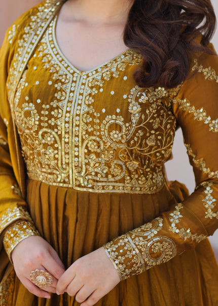 Mustard Brown Embroidered Anarkali Gown