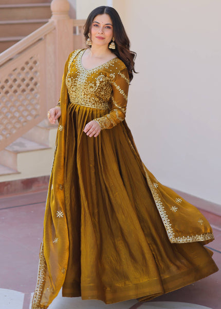 Mustard Brown Embroidered Anarkali Gown