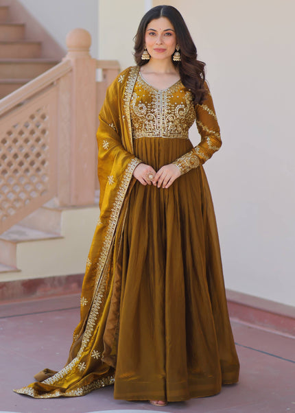 Mustard Brown Embroidered Anarkali Gown