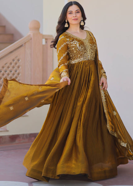Mustard Brown Embroidered Anarkali Gown