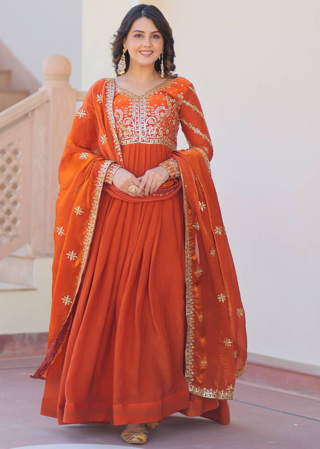 Orange Embroidered Anarkali Gown