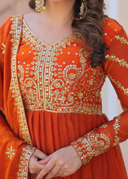 Orange Embroidered Anarkali Gown
