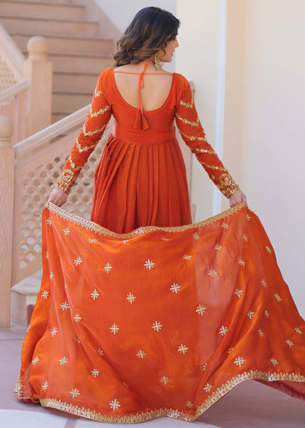 Orange Embroidered Anarkali Gown