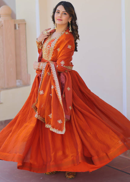 Orange Embroidered Anarkali Gown