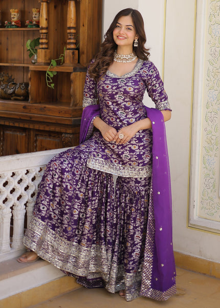 Purple Embroidered Gharara Suit