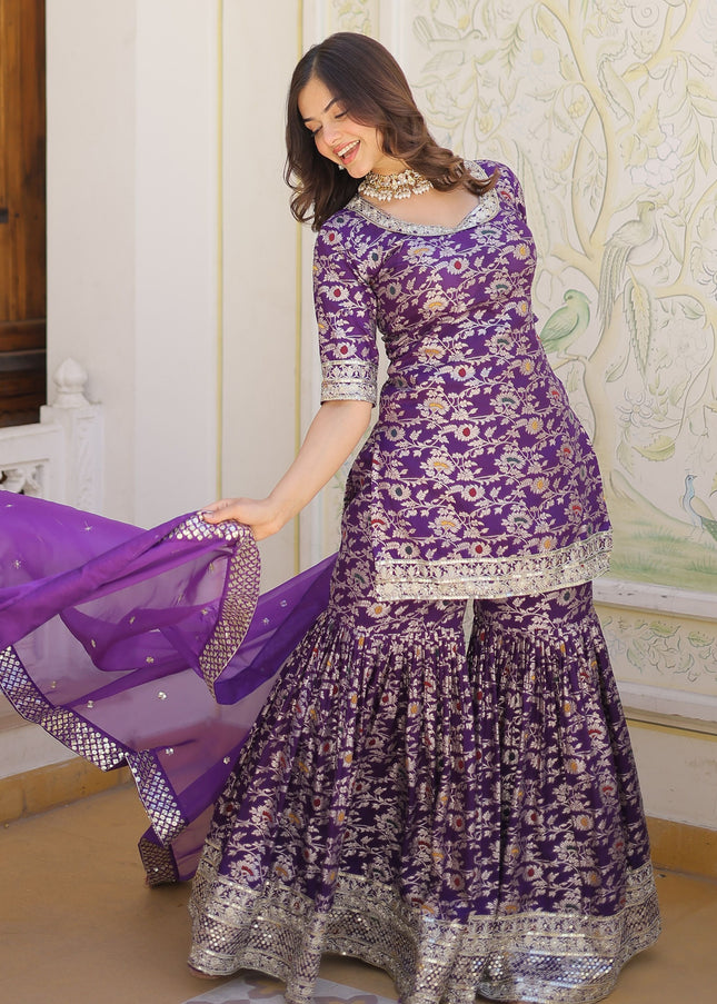 Purple Embroidered Gharara Suit