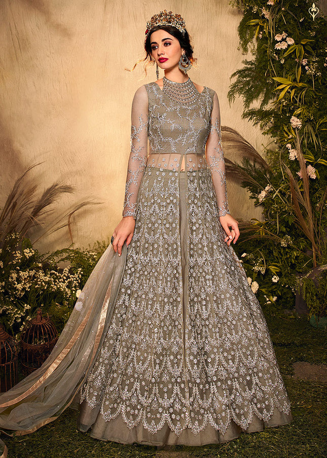 Grey Embroidered Lehenga/ Pant Style Anarkali