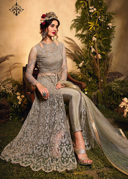 Grey Embroidered Lehenga/ Pant Style Anarkali