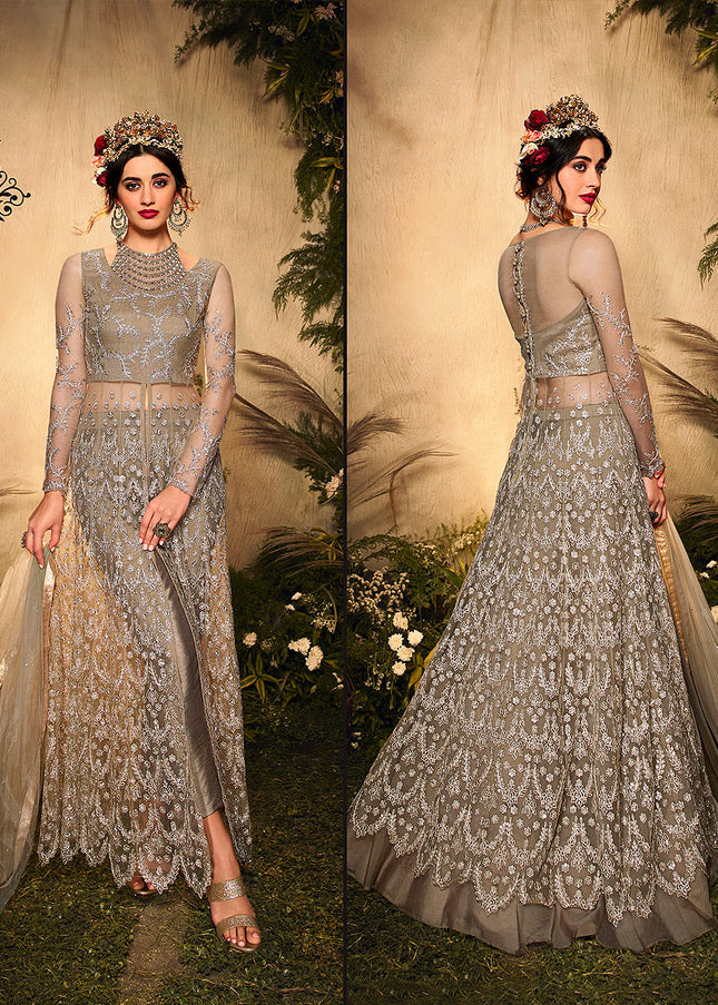 Grey Embroidered Lehenga/ Pant Style Anarkali