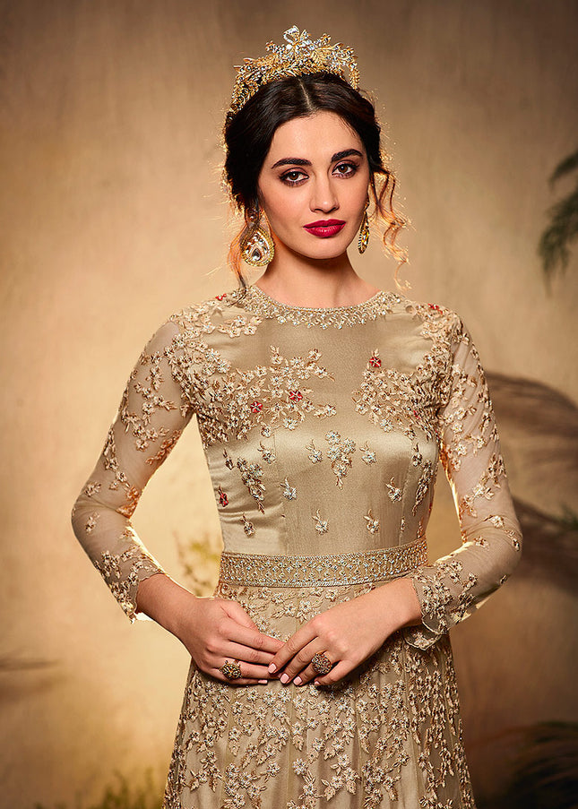 Beige and Gold Embroidered Anarkali