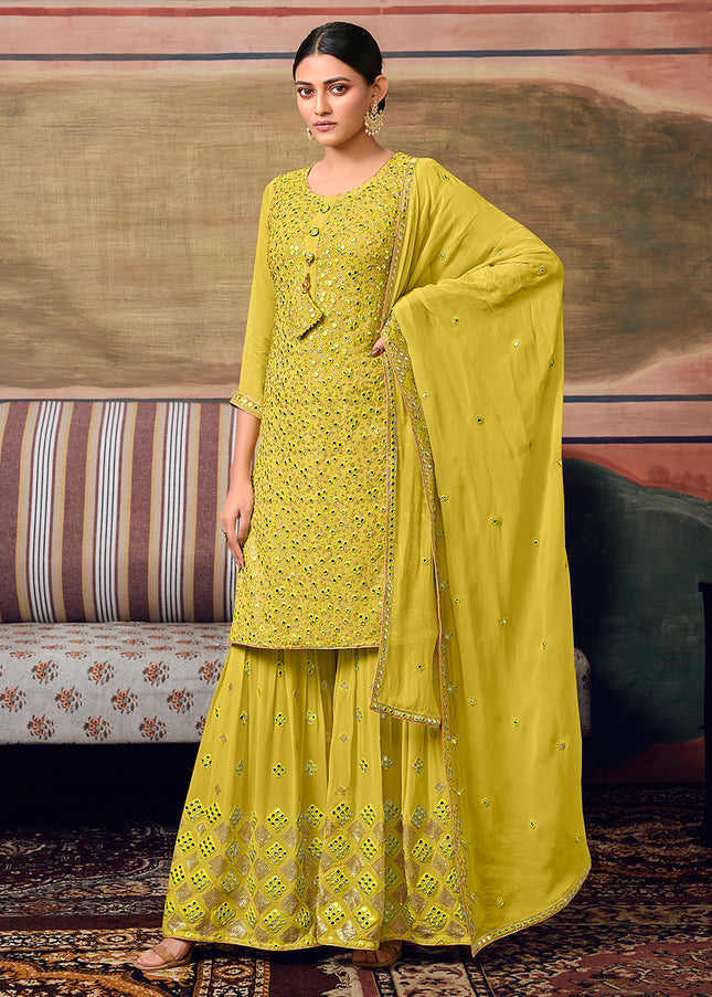 Green Mirror Embroidered Gharara Suit