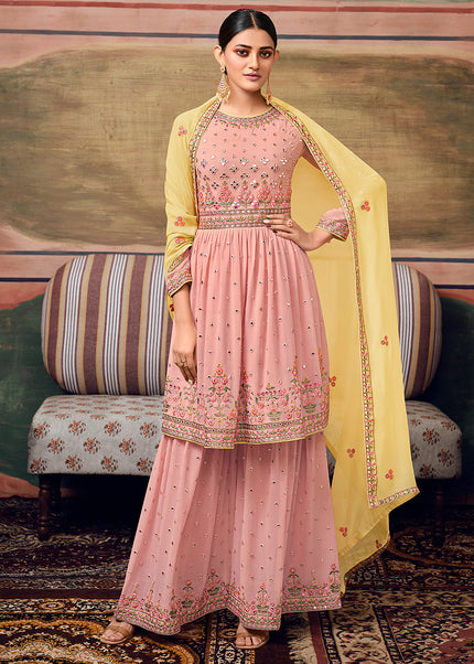 Light Pink and Yellow Embroidered Gharara Suit