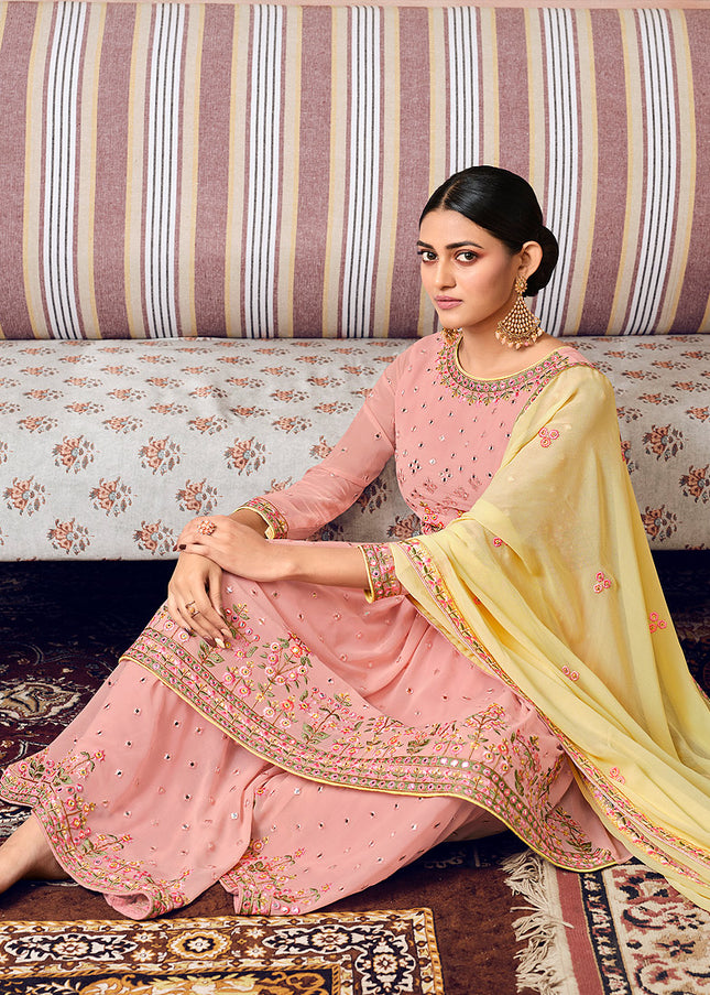 Light Pink and Yellow Embroidered Gharara Suit