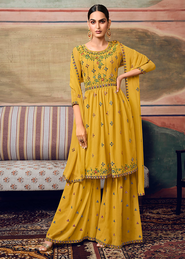 Mustard Yellow Embroidered Gharara Suit