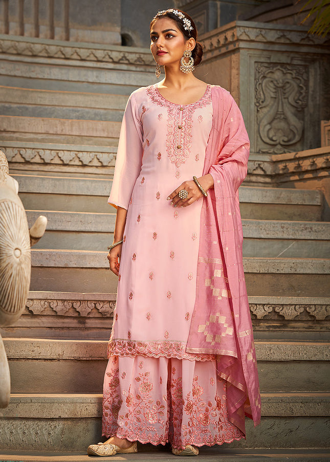 Light Pink and Gold Embroidered Palazzo Suit