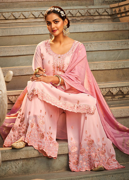 Light Pink and Gold Embroidered Palazzo Suit