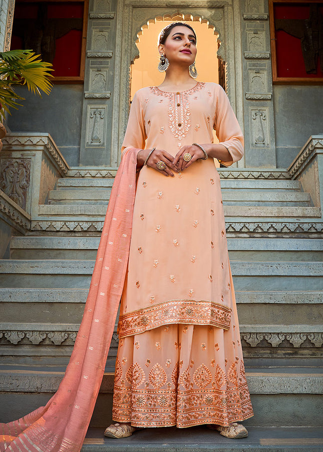 Peach Embroidered Palazzo Suit