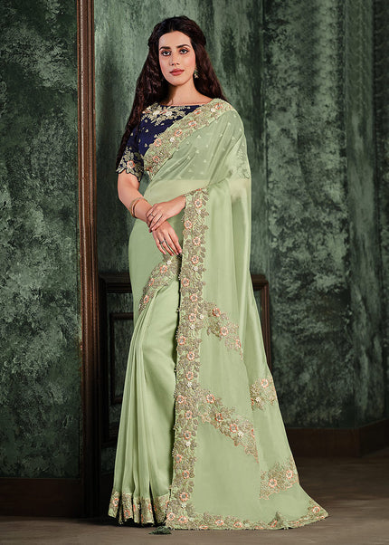 Green and Blue Embroidered Saree