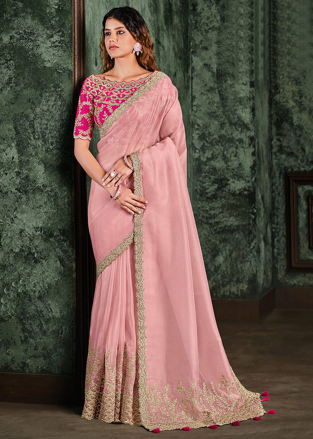 Light Pink and Magenta Embroidered Saree
