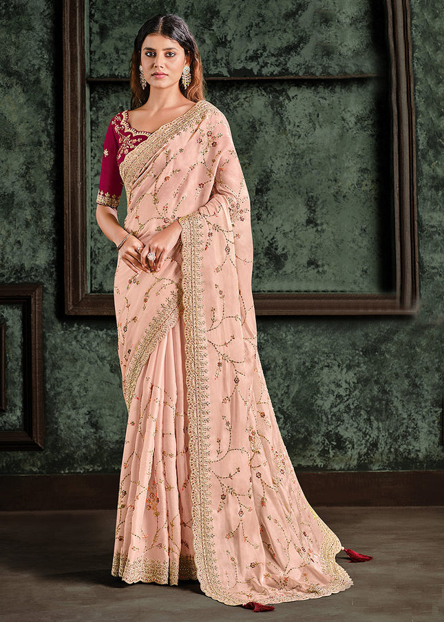 Peach and Maroon Embroidered Saree