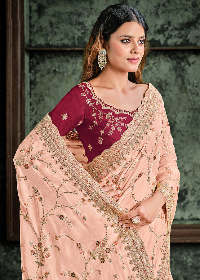 Peach and Maroon Embroidered Saree